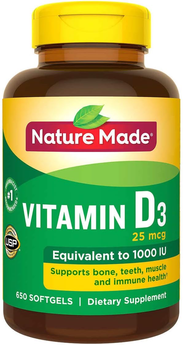 Nature Made Vitamin D3 1000 IU (25 mcg), Dietary Supplement for Bone, Teeth, Muscle and Immune Health Support, 180 Softgels, 180 Day Supply