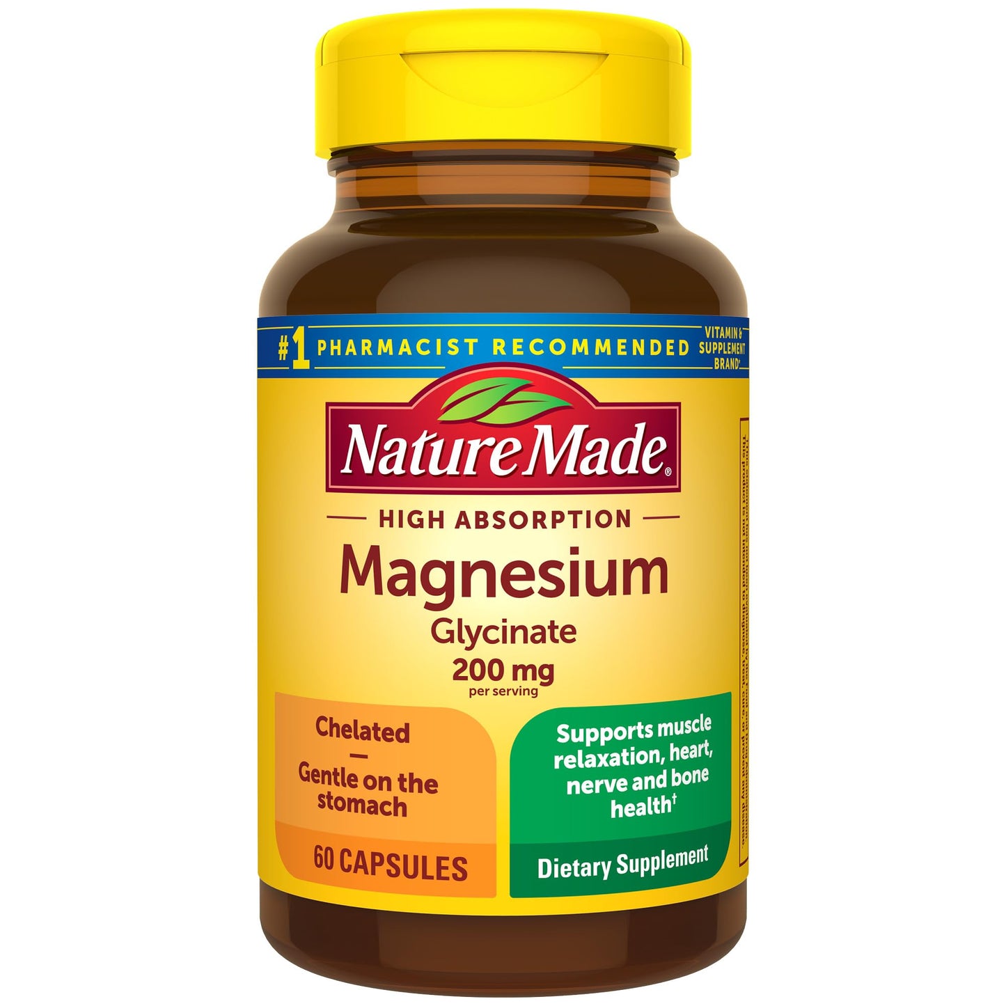Nature Made Magnesium Glycinate 200 mg per serving, Magnesium Supplement for Muscle, Heart, Nerve and Bone Support, 180 Magnesium Bisglycinate Capsules, 90 Day Supply