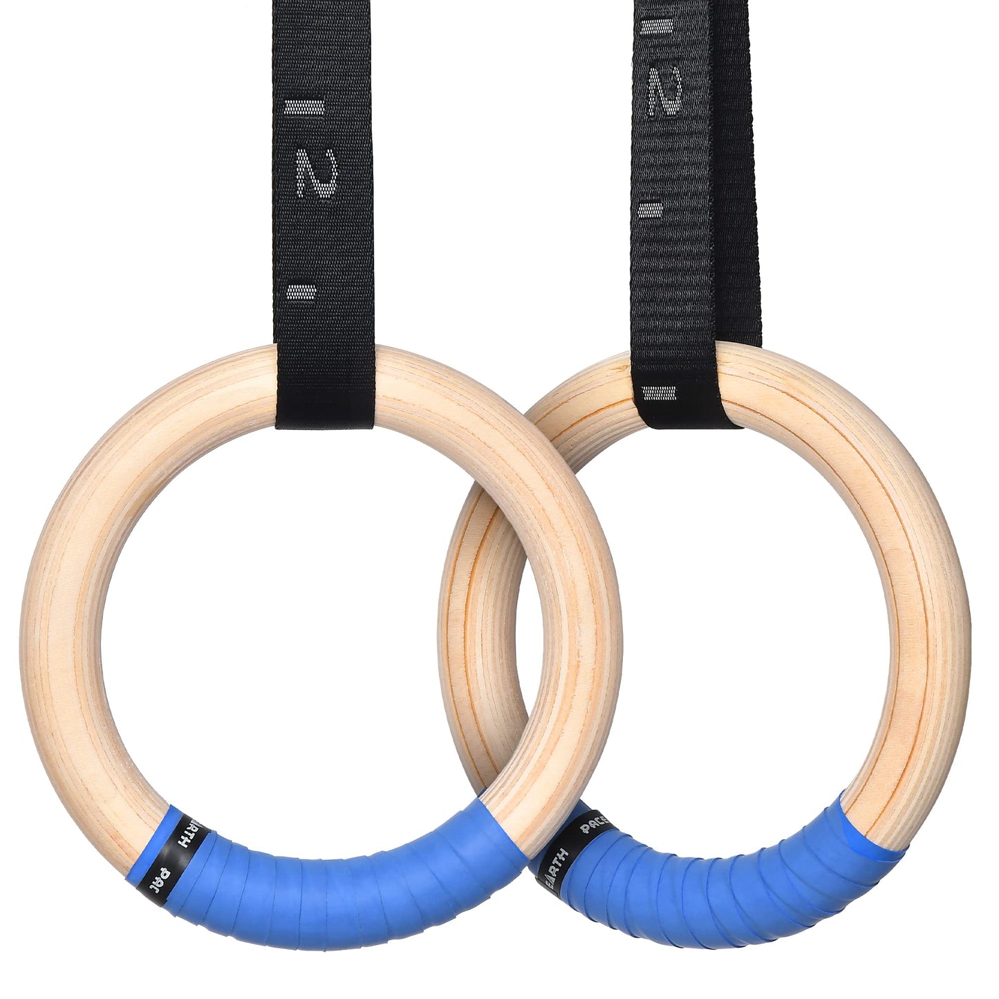 PACEARTH Gymnastics Rings Wooden Olympic Rings Support 1500lbs Locked Carabiners 9ft Double-Layer Numbered Straps Non-Slip Gym Rings with Foot Straps Door Anchor for Home Gym Full Body Workout