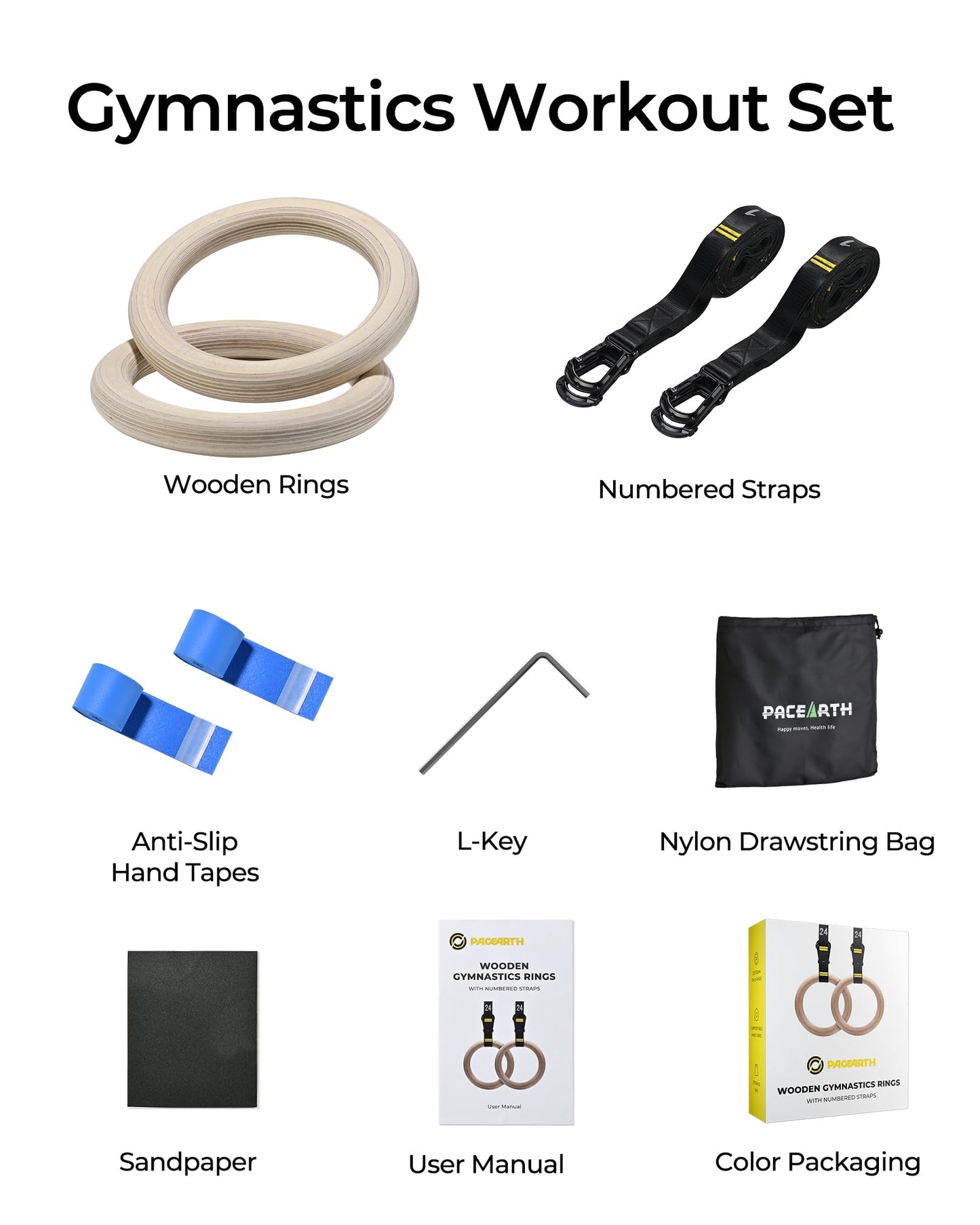 PACEARTH Gymnastics Rings Wooden Olympic Rings Support 1500lbs Locked Carabiners 9ft Double-Layer Numbered Straps Non-Slip Gym Rings with Foot Straps Door Anchor for Home Gym Full Body Workout