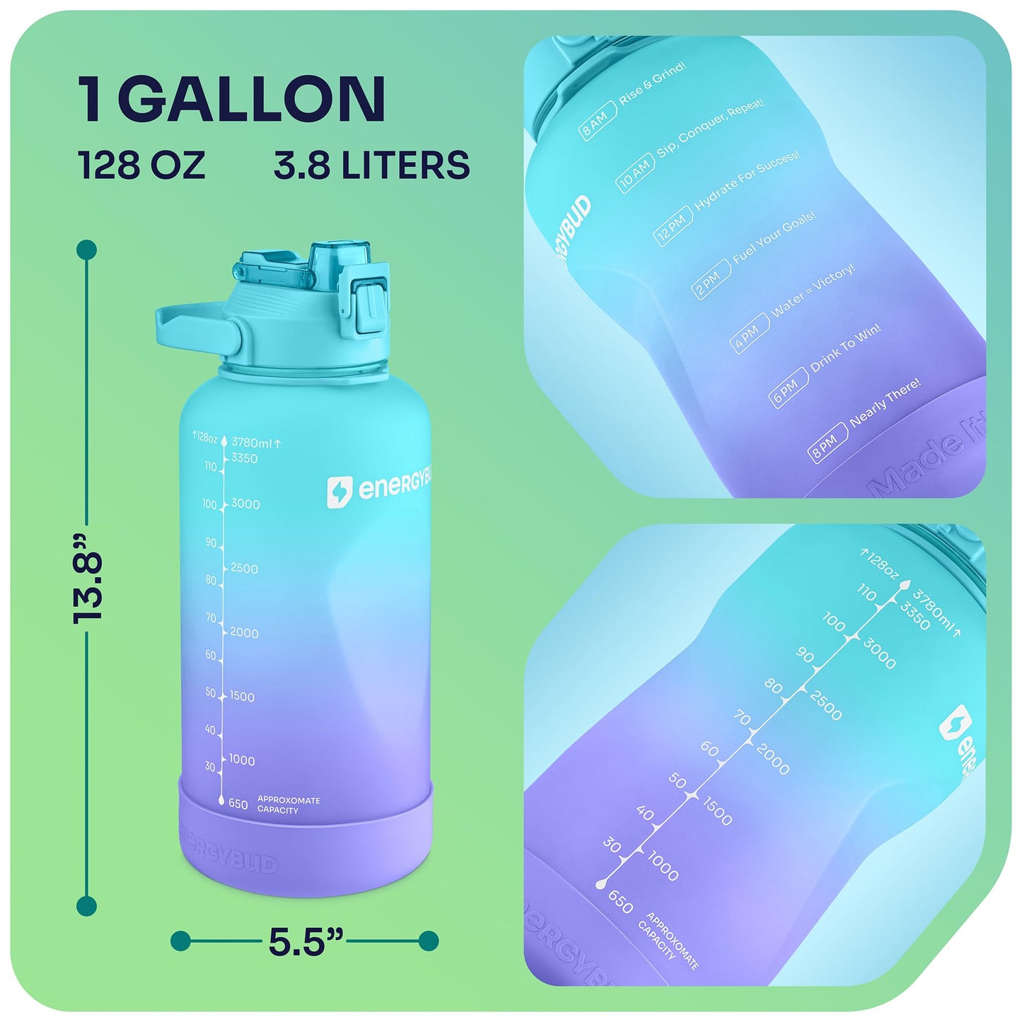 1 Gallon Water Bottle Removable Straw And Handle Dishwasher-Safe BPS & BPA & DEHP Free +2 Brushes Big/Large Bottle With Time Markers Wide Mouth Leakproof 128 oz Jug (Blue & Black)