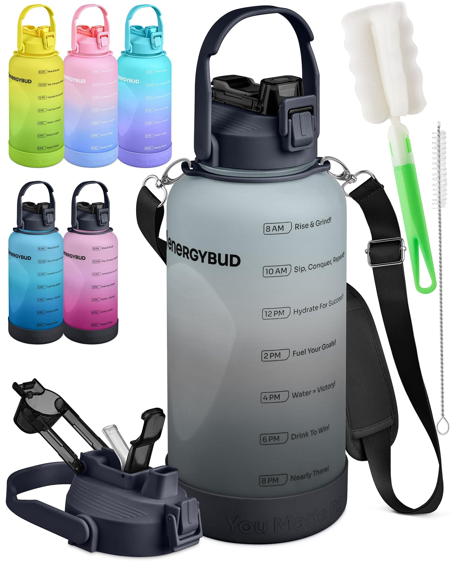 1 Gallon Water Bottle Removable Straw And Handle Dishwasher-Safe BPS & BPA & DEHP Free +2 Brushes Big/Large Bottle With Time Markers Wide Mouth Leakproof 128 oz Jug (Blue & Black)