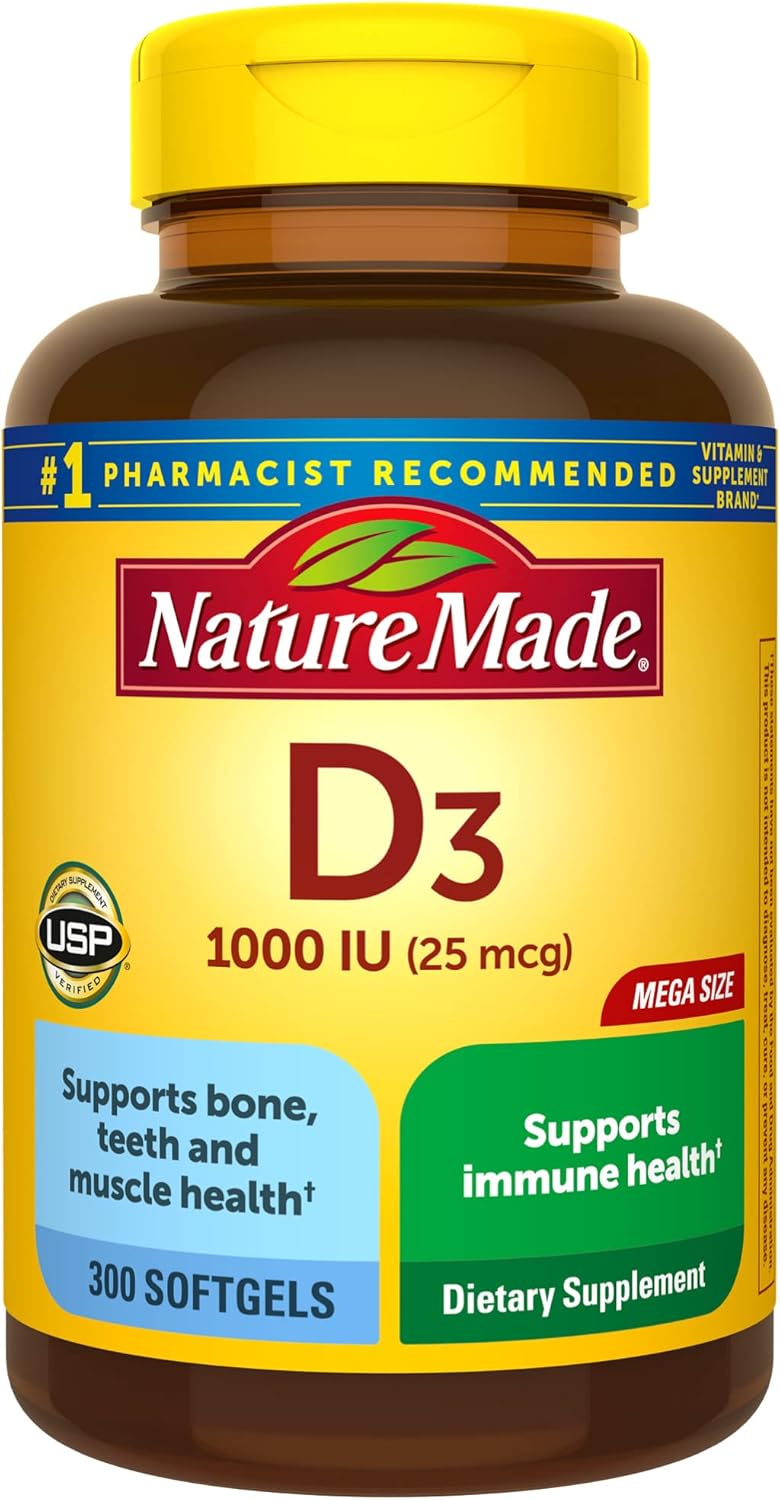 Nature Made Vitamin D3 1000 IU (25 mcg), Dietary Supplement for Bone, Teeth, Muscle and Immune Health Support, 180 Softgels, 180 Day Supply