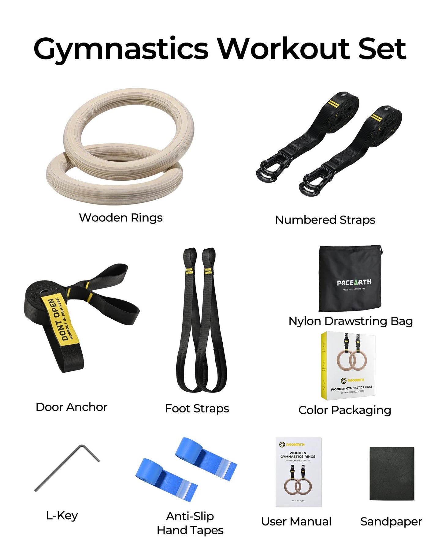 PACEARTH Gymnastics Rings Wooden Olympic Rings Support 1500lbs Locked Carabiners 9ft Double-Layer Numbered Straps Non-Slip Gym Rings with Foot Straps Door Anchor for Home Gym Full Body Workout
