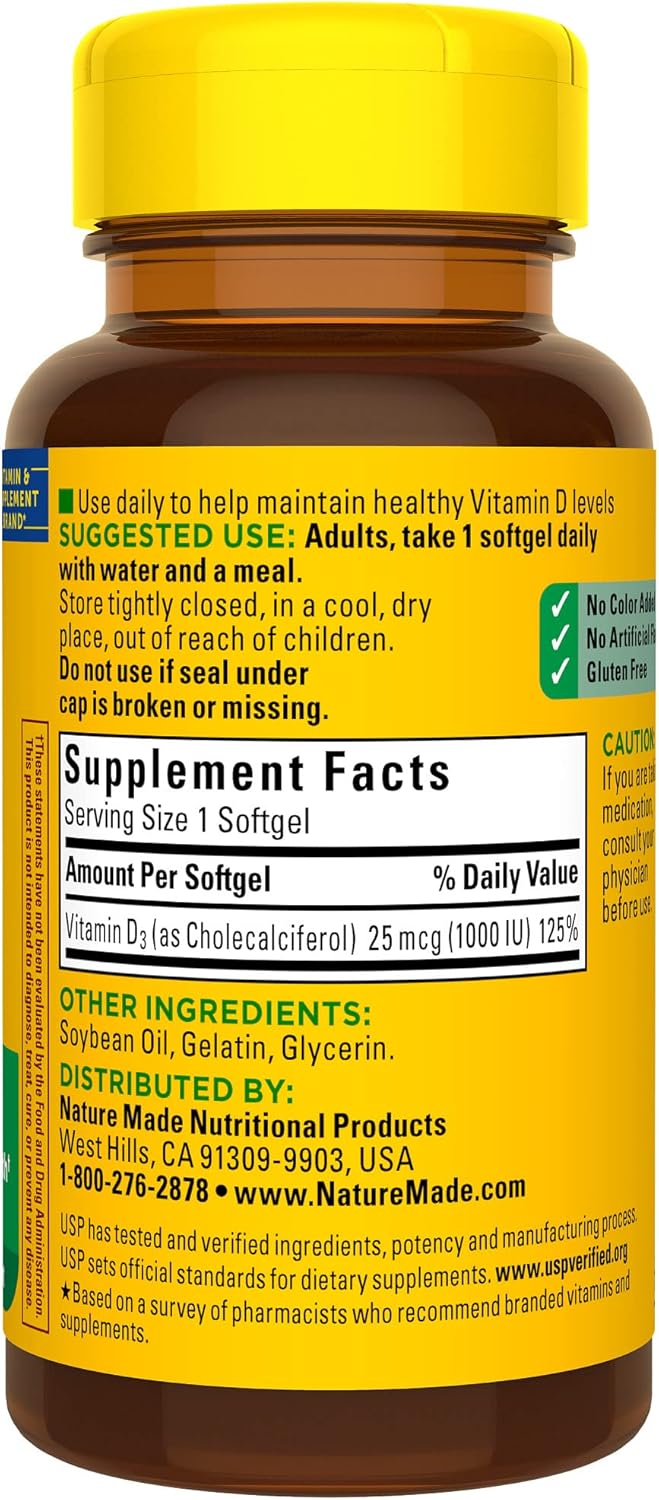 Nature Made Vitamin D3 1000 IU (25 mcg), Dietary Supplement for Bone, Teeth, Muscle and Immune Health Support, 180 Softgels, 180 Day Supply