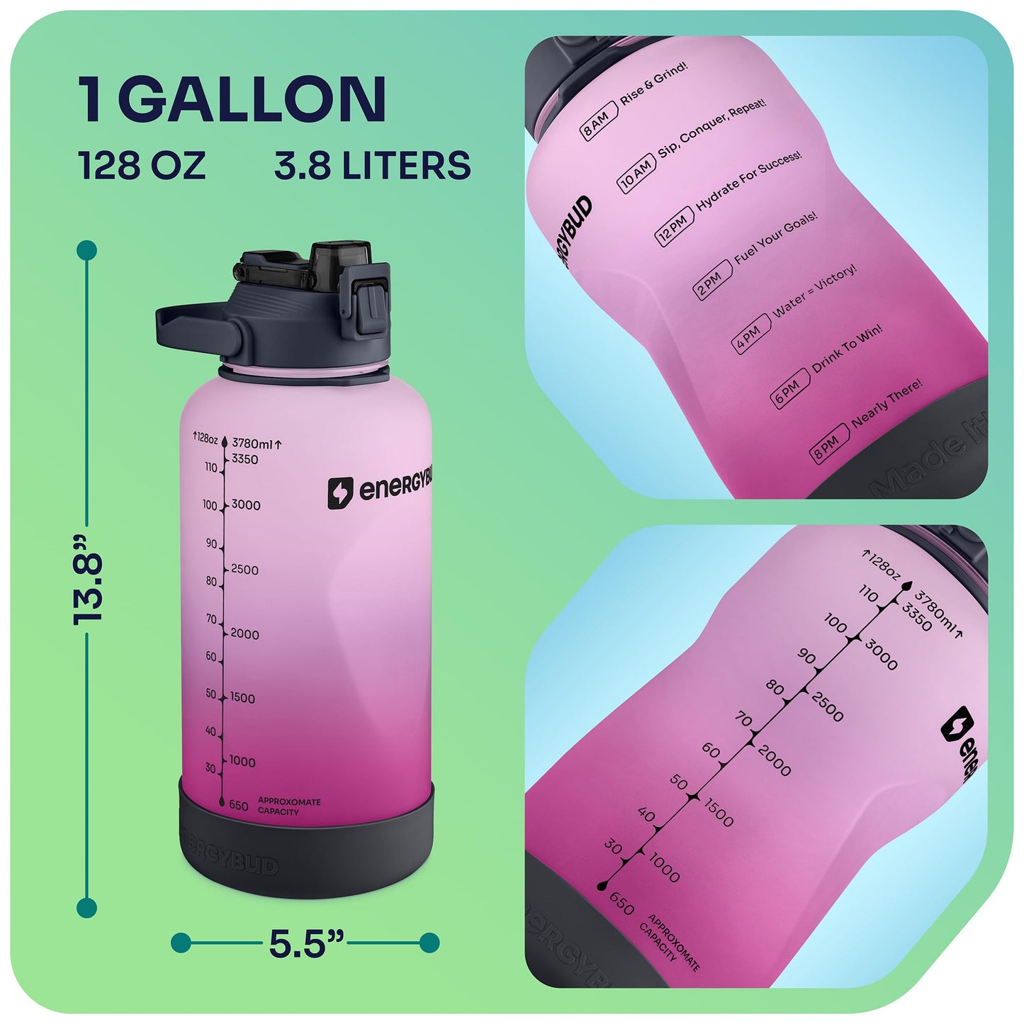 1 Gallon Water Bottle Removable Straw And Handle Dishwasher-Safe BPS & BPA & DEHP Free +2 Brushes Big/Large Bottle With Time Markers Wide Mouth Leakproof 128 oz Jug (Blue & Black)