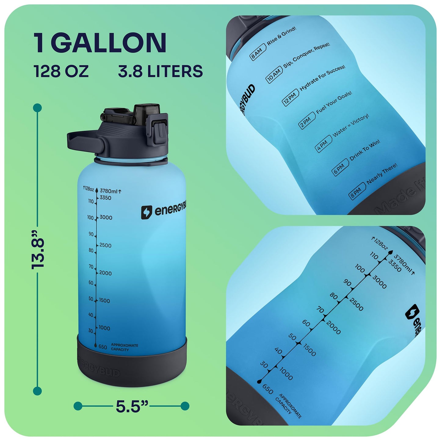 1 Gallon Water Bottle Removable Straw And Handle Dishwasher-Safe BPS & BPA & DEHP Free +2 Brushes Big/Large Bottle With Time Markers Wide Mouth Leakproof 128 oz Jug (Blue & Black)