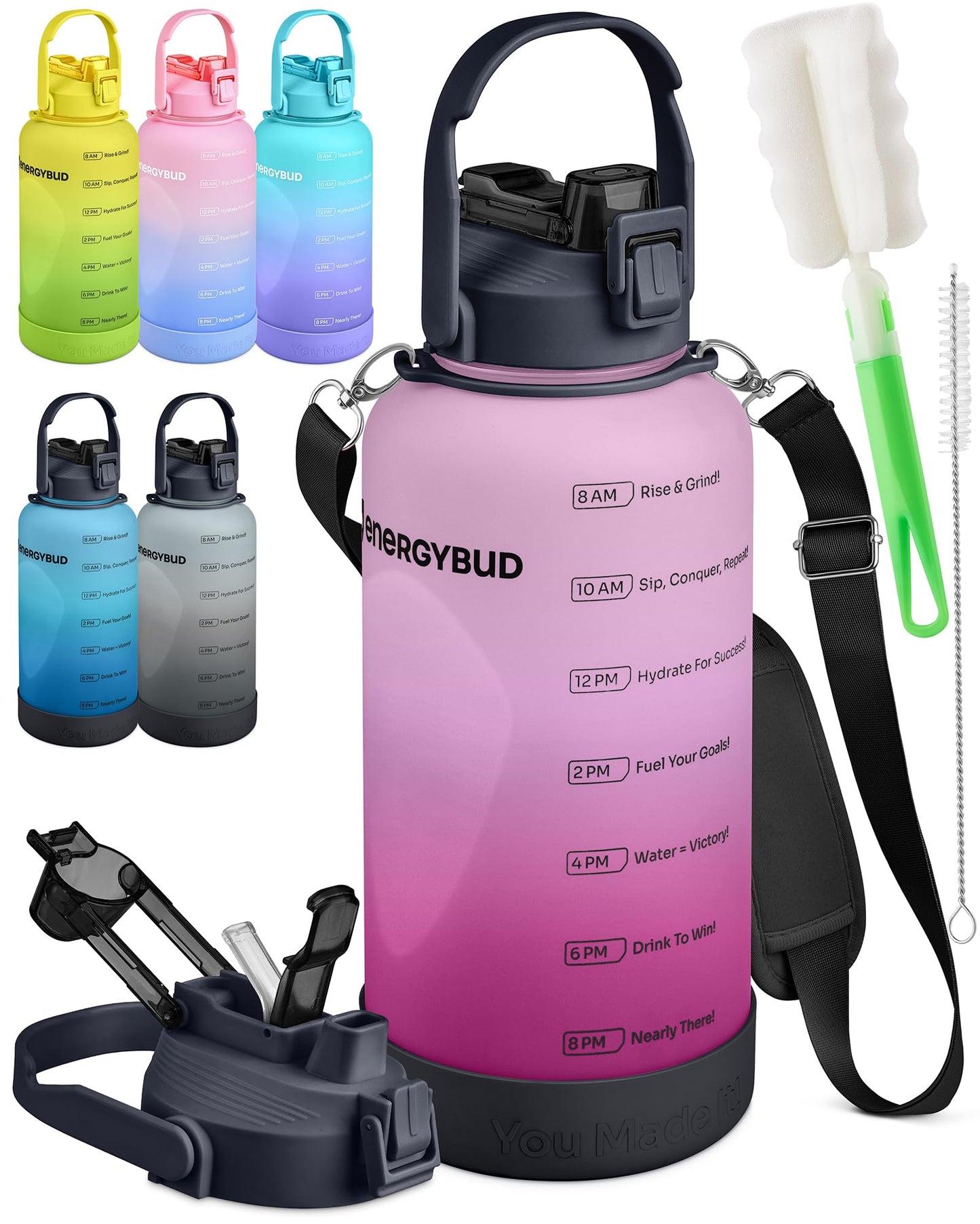 1 Gallon Water Bottle Removable Straw And Handle Dishwasher-Safe BPS & BPA & DEHP Free +2 Brushes Big/Large Bottle With Time Markers Wide Mouth Leakproof 128 oz Jug (Blue & Black)