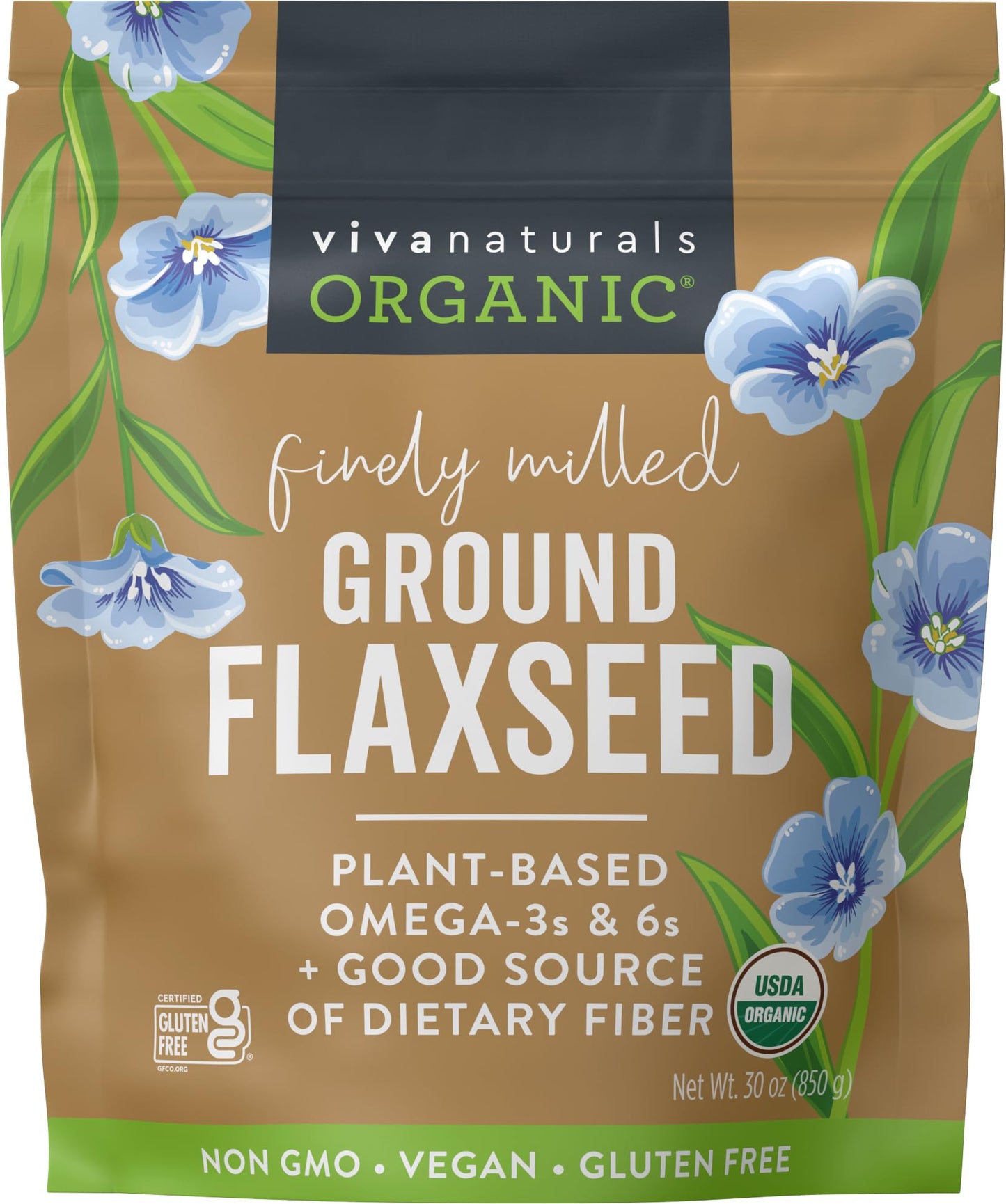 Viva Naturals Organic Ground Flaxseed - Premium Quality Plant-Based Protein and Vegan Omega-3 with Fiber, Perfect for Smoothies, Finely Milled Flax seeds Organic - 30 oz Flax Seed Ground (850 g)