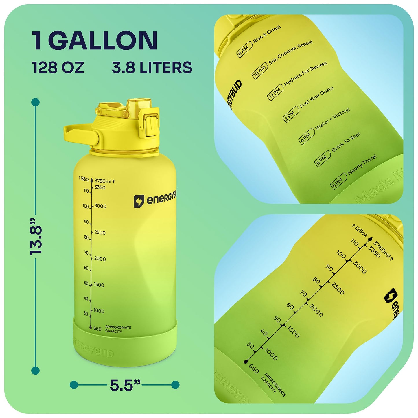 1 Gallon Water Bottle Removable Straw And Handle Dishwasher-Safe BPS & BPA & DEHP Free +2 Brushes Big/Large Bottle With Time Markers Wide Mouth Leakproof 128 oz Jug (Blue & Black)