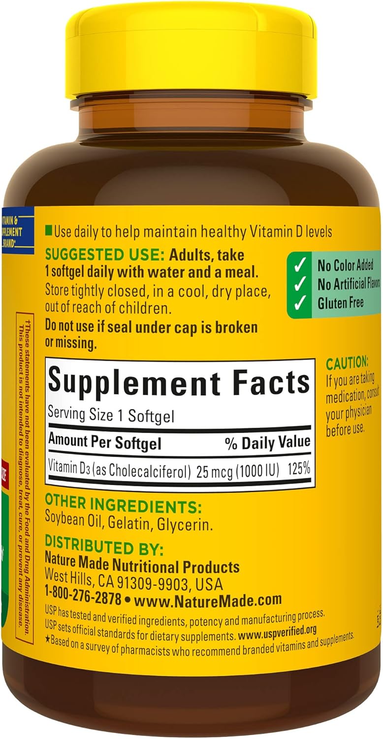 Nature Made Vitamin D3 1000 IU (25 mcg), Dietary Supplement for Bone, Teeth, Muscle and Immune Health Support, 180 Softgels, 180 Day Supply