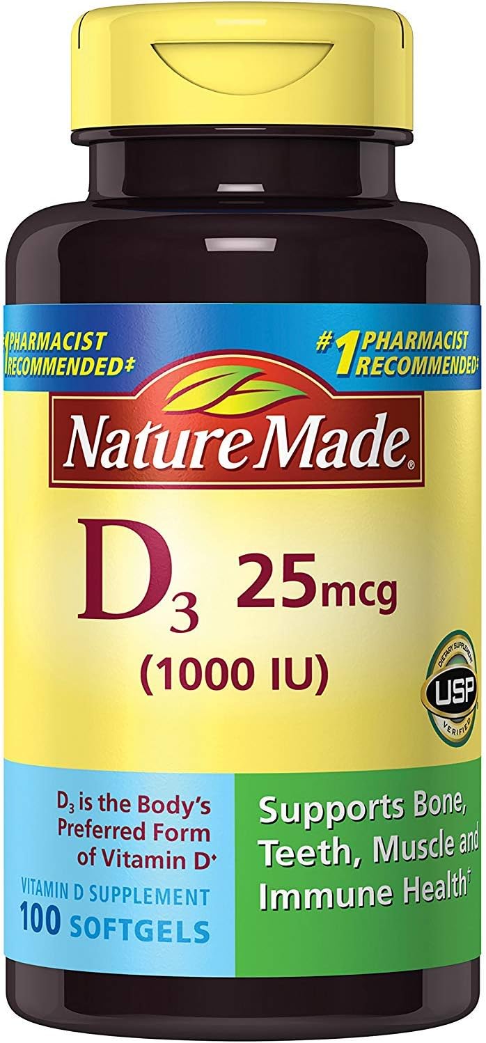 Nature Made Vitamin D3 1000 IU (25 mcg), Dietary Supplement for Bone, Teeth, Muscle and Immune Health Support, 180 Softgels, 180 Day Supply