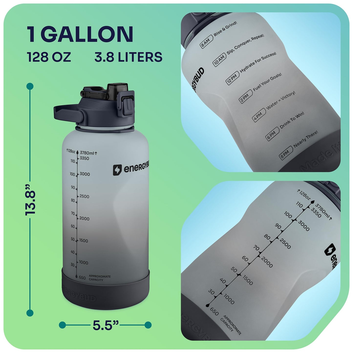 1 Gallon Water Bottle Removable Straw And Handle Dishwasher-Safe BPS & BPA & DEHP Free +2 Brushes Big/Large Bottle With Time Markers Wide Mouth Leakproof 128 oz Jug (Blue & Black)