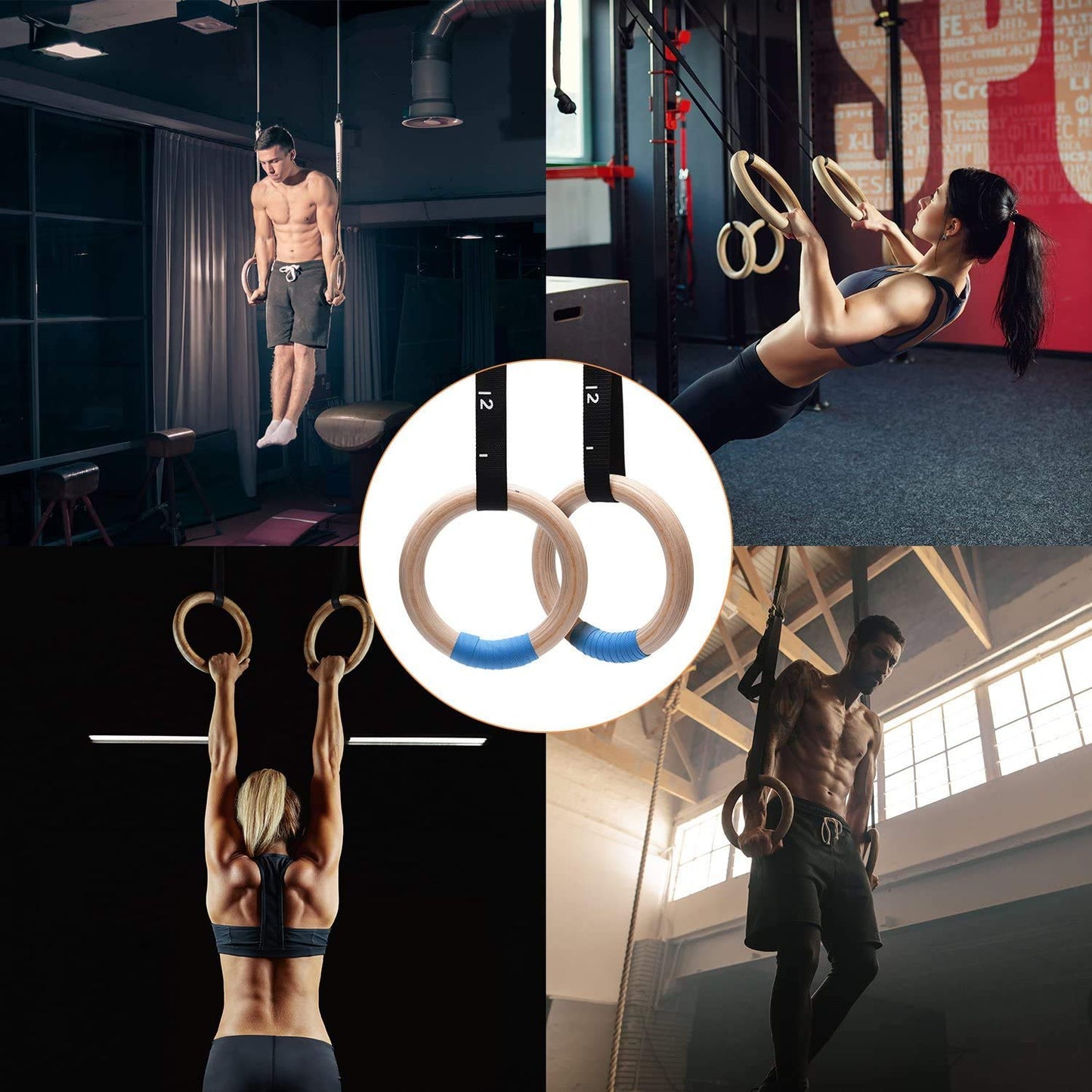 PACEARTH Gymnastics Rings Wooden Olympic Rings Support 1500lbs Locked Carabiners 9ft Double-Layer Numbered Straps Non-Slip Gym Rings with Foot Straps Door Anchor for Home Gym Full Body Workout