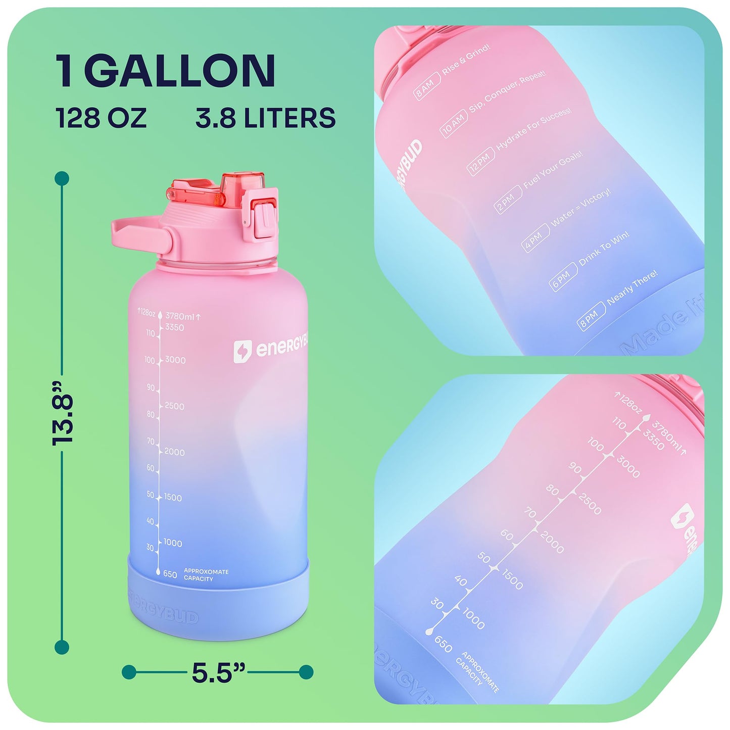 1 Gallon Water Bottle Removable Straw And Handle Dishwasher-Safe BPS & BPA & DEHP Free +2 Brushes Big/Large Bottle With Time Markers Wide Mouth Leakproof 128 oz Jug (Blue & Black)