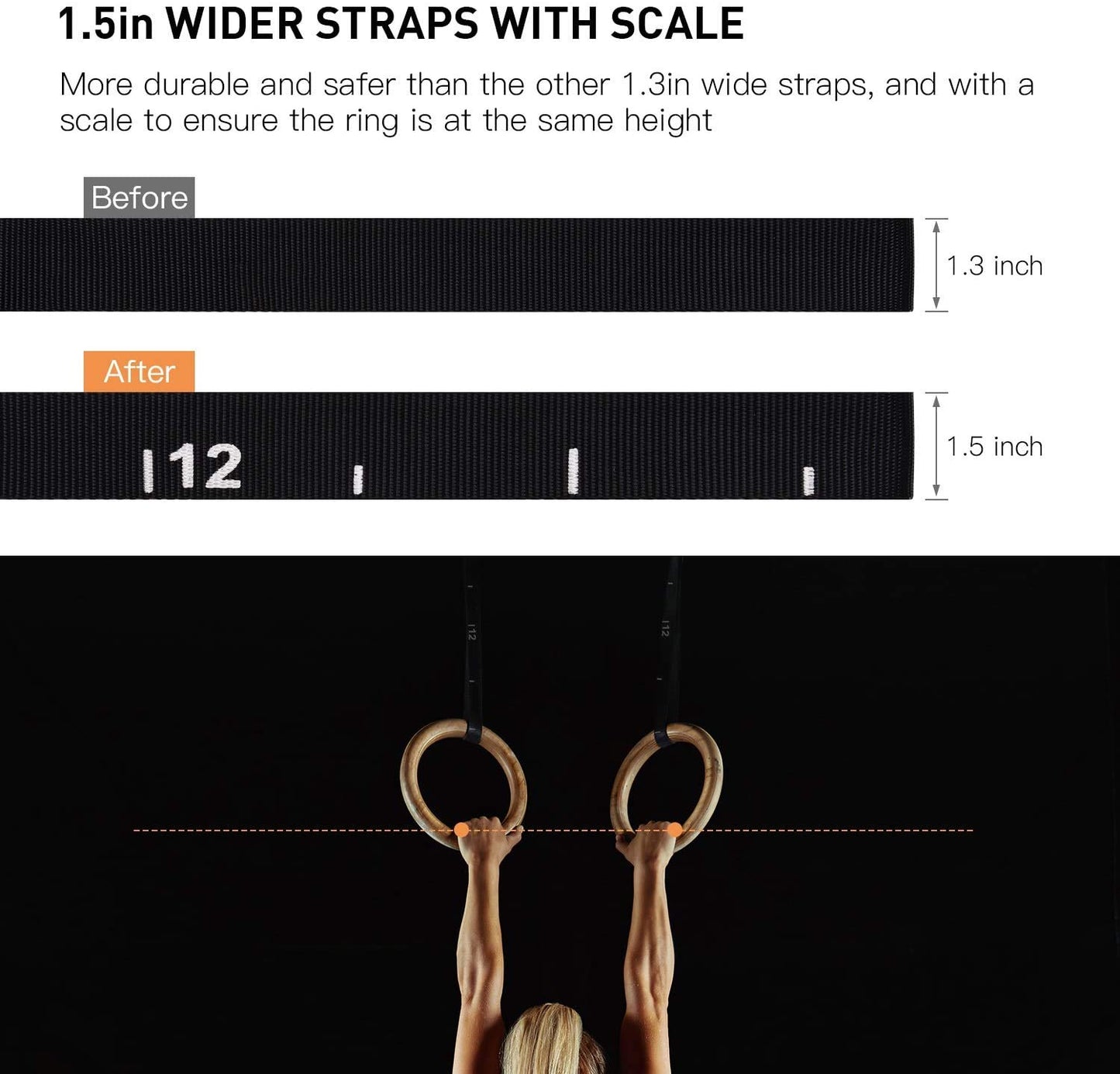 PACEARTH Gymnastics Rings Wooden Olympic Rings Support 1500lbs Locked Carabiners 9ft Double-Layer Numbered Straps Non-Slip Gym Rings with Foot Straps Door Anchor for Home Gym Full Body Workout