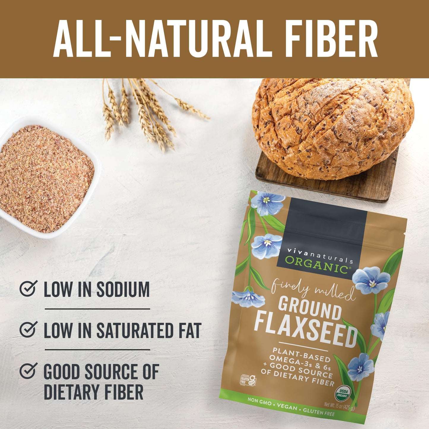 Viva Naturals Organic Ground Flaxseed - Premium Quality Plant-Based Protein and Vegan Omega-3 with Fiber, Perfect for Smoothies, Finely Milled Flax seeds Organic - 30 oz Flax Seed Ground (850 g)