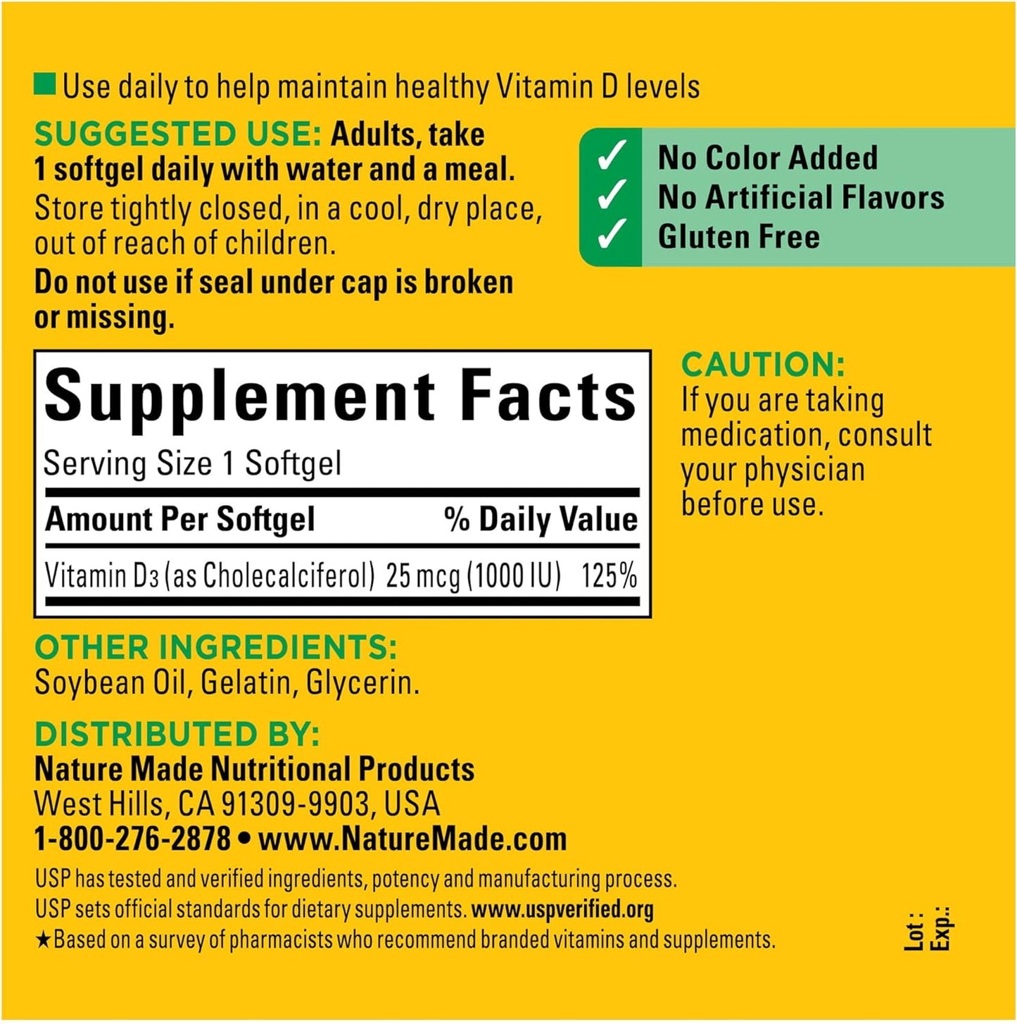 Nature Made Vitamin D3 1000 IU (25 mcg), Dietary Supplement for Bone, Teeth, Muscle and Immune Health Support, 180 Softgels, 180 Day Supply