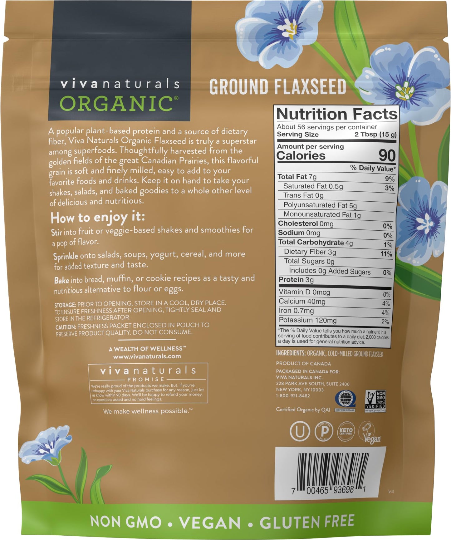 Viva Naturals Organic Ground Flaxseed, 30 oz (850 g) – Plant-Based Protein, Vegan Omega-3 & Fiber, Finely Milled Flax Seeds, Perfect for Smoothies & Baking