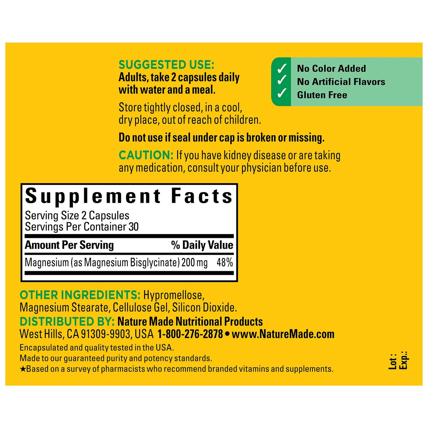Nature Made Magnesium Glycinate 200 mg per serving, Magnesium Supplement for Muscle, Heart, Nerve and Bone Support, 180 Magnesium Bisglycinate Capsules, 90 Day Supply