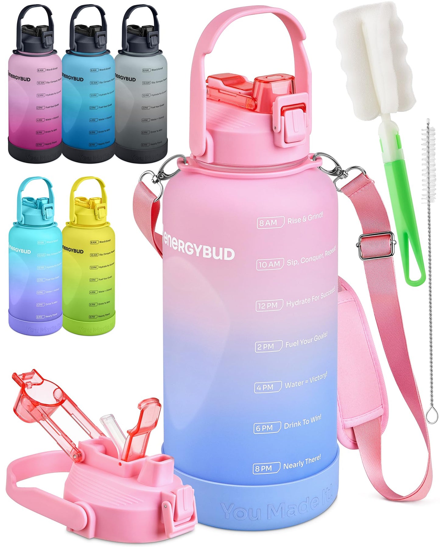 1 Gallon Water Bottle Removable Straw And Handle Dishwasher-Safe BPS & BPA & DEHP Free +2 Brushes Big/Large Bottle With Time Markers Wide Mouth Leakproof 128 oz Jug (Blue & Black)