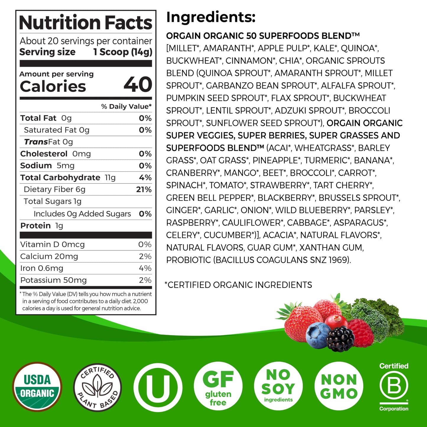 Orgain Organic Greens Powder + 50 Superfoods, Original - 1 Billion Probiotics for Digestive Health, Antioxidants, Vegan, Plant-Based, Gluten-Free, Non-GMO, Green Juice & Smoothie Drink Mix - 0.62lb