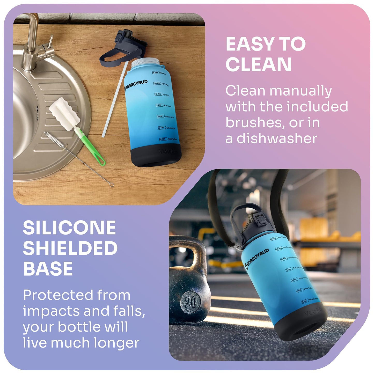 1 Gallon Water Bottle Removable Straw And Handle Dishwasher-Safe BPS & BPA & DEHP Free +2 Brushes Big/Large Bottle With Time Markers Wide Mouth Leakproof 128 oz Jug (Blue & Black)