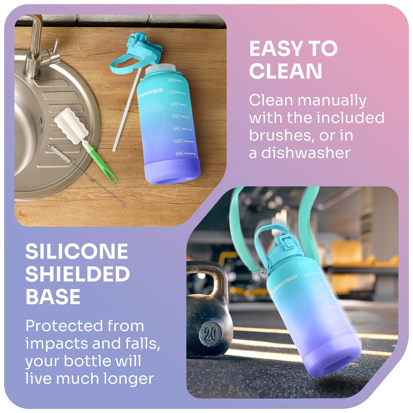 1 Gallon Water Bottle Removable Straw And Handle Dishwasher-Safe BPS & BPA & DEHP Free +2 Brushes Big/Large Bottle With Time Markers Wide Mouth Leakproof 128 oz Jug (Blue & Black)