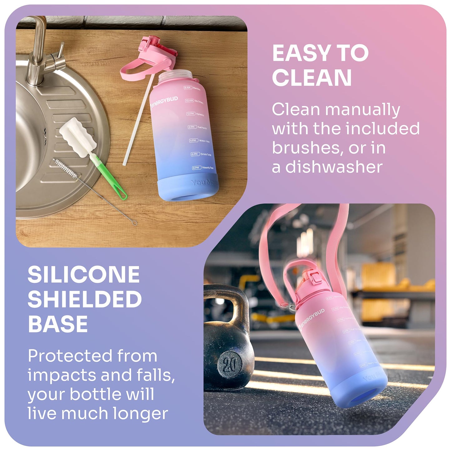 1 Gallon Water Bottle Removable Straw And Handle Dishwasher-Safe BPS & BPA & DEHP Free +2 Brushes Big/Large Bottle With Time Markers Wide Mouth Leakproof 128 oz Jug (Blue & Black)