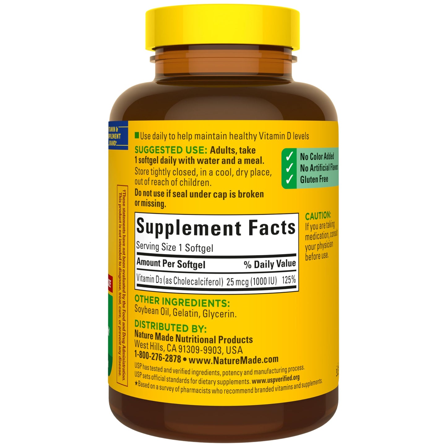 Nature Made Vitamin D3 1000 IU (25 mcg), Vitamin D Supplement for Bone, Teeth, Muscle and Immune Health Support, 100 Softgels, 100 Day Supply