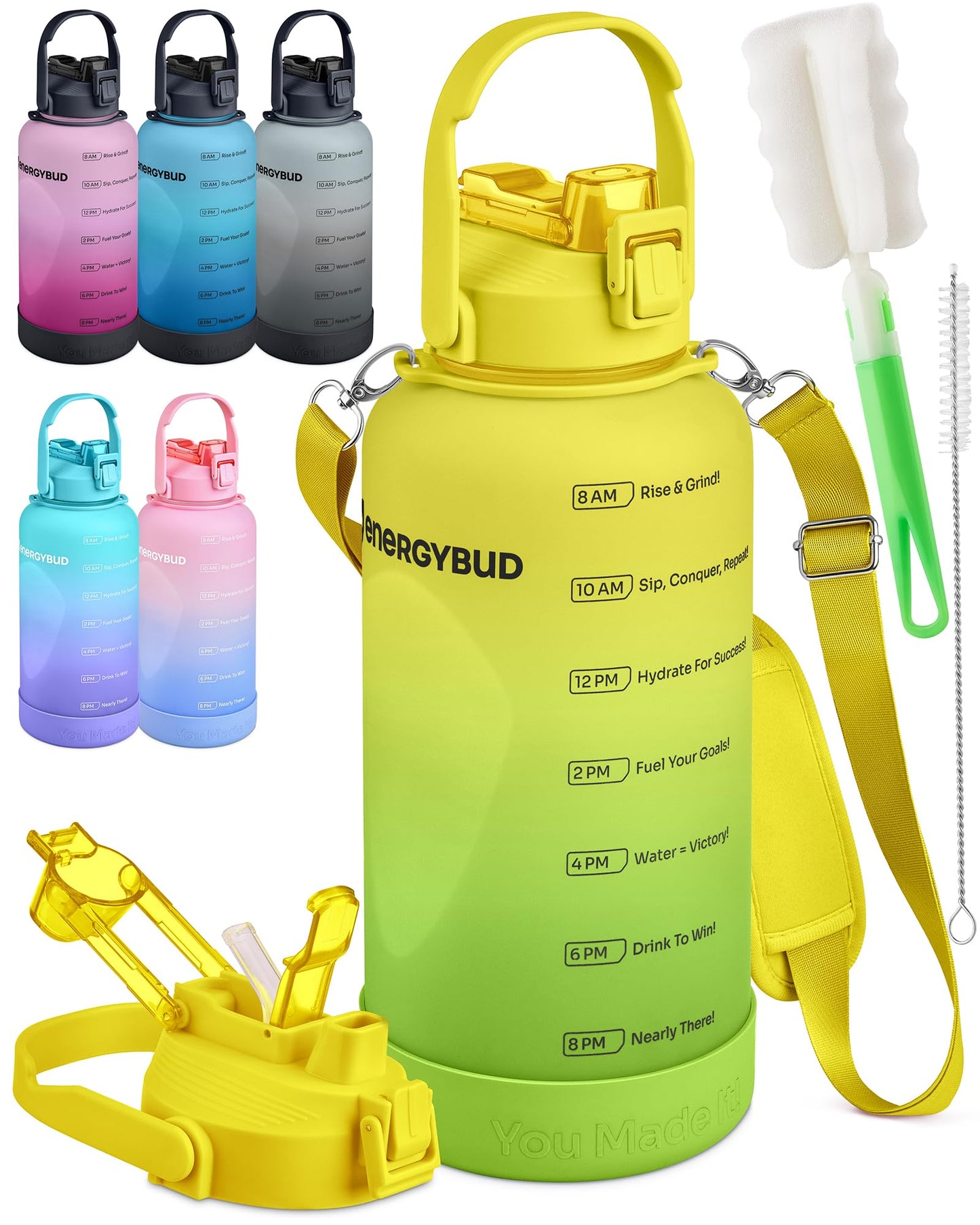 1 Gallon Water Bottle Removable Straw And Handle Dishwasher-Safe BPS & BPA & DEHP Free +2 Brushes Big/Large Bottle With Time Markers Wide Mouth Leakproof 128 oz Jug (Blue & Black)