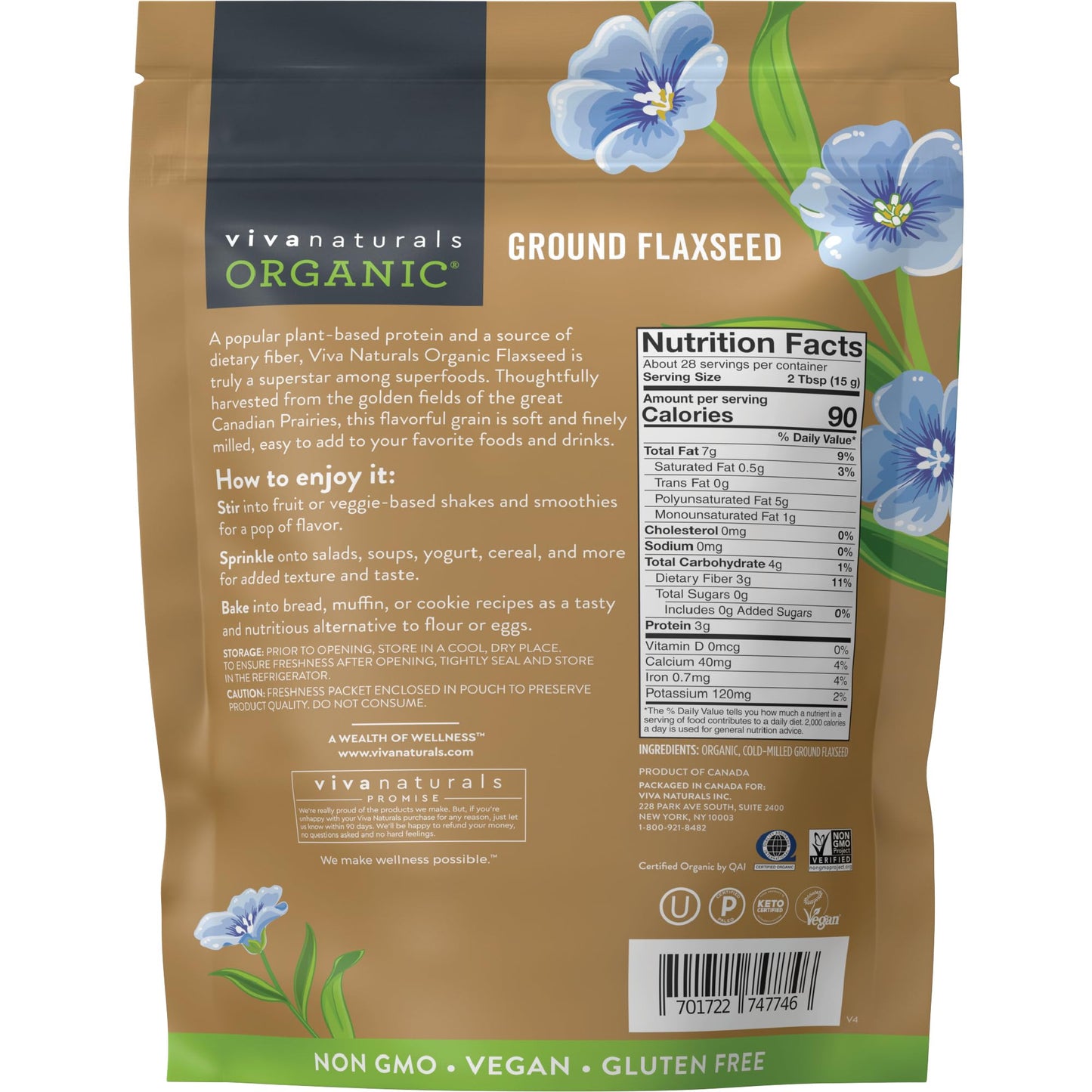 Viva Naturals Organic Ground Flaxseed - Premium Quality Plant-Based Protein and Vegan Omega-3 with Fiber, Perfect for Smoothies, Finely Milled Flax seeds Organic - 30 oz Flax Seed Ground (850 g)
