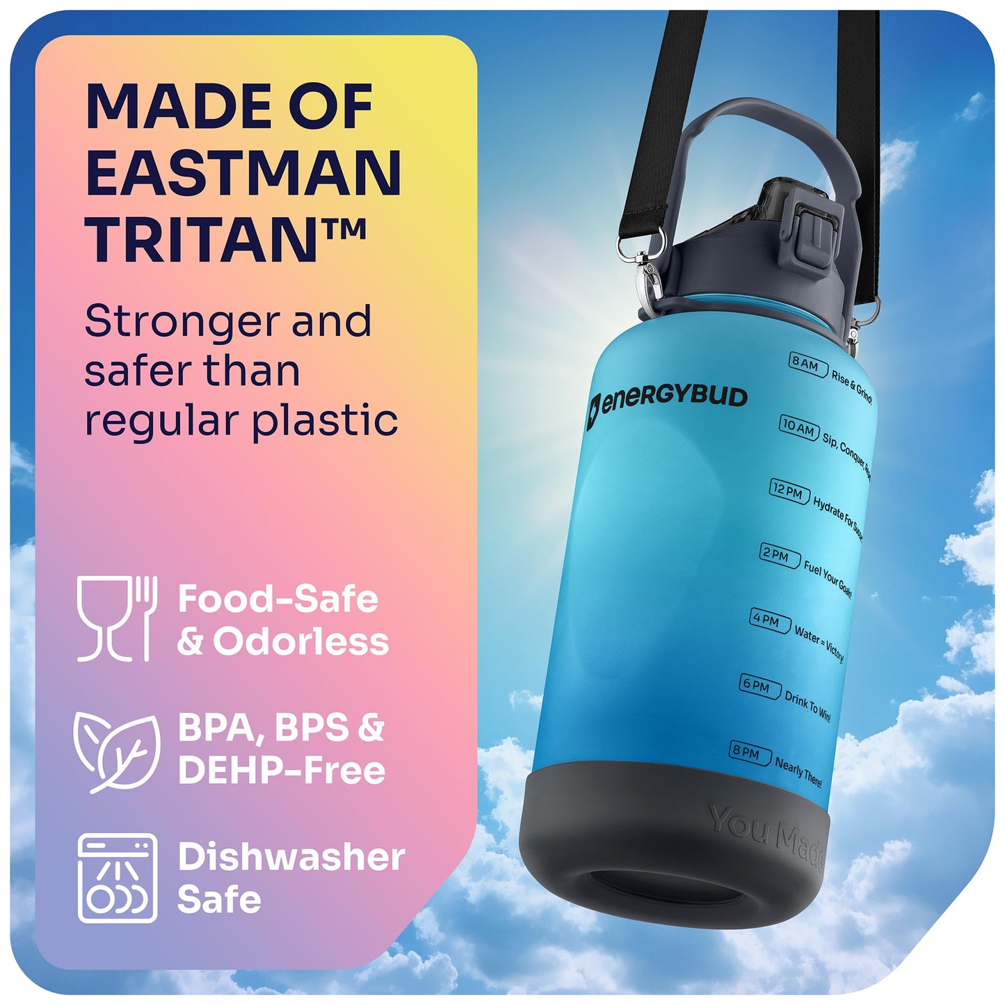 1 Gallon Water Bottle Removable Straw And Handle Dishwasher-Safe BPS & BPA & DEHP Free +2 Brushes Big/Large Bottle With Time Markers Wide Mouth Leakproof 128 oz Jug (Blue & Black)