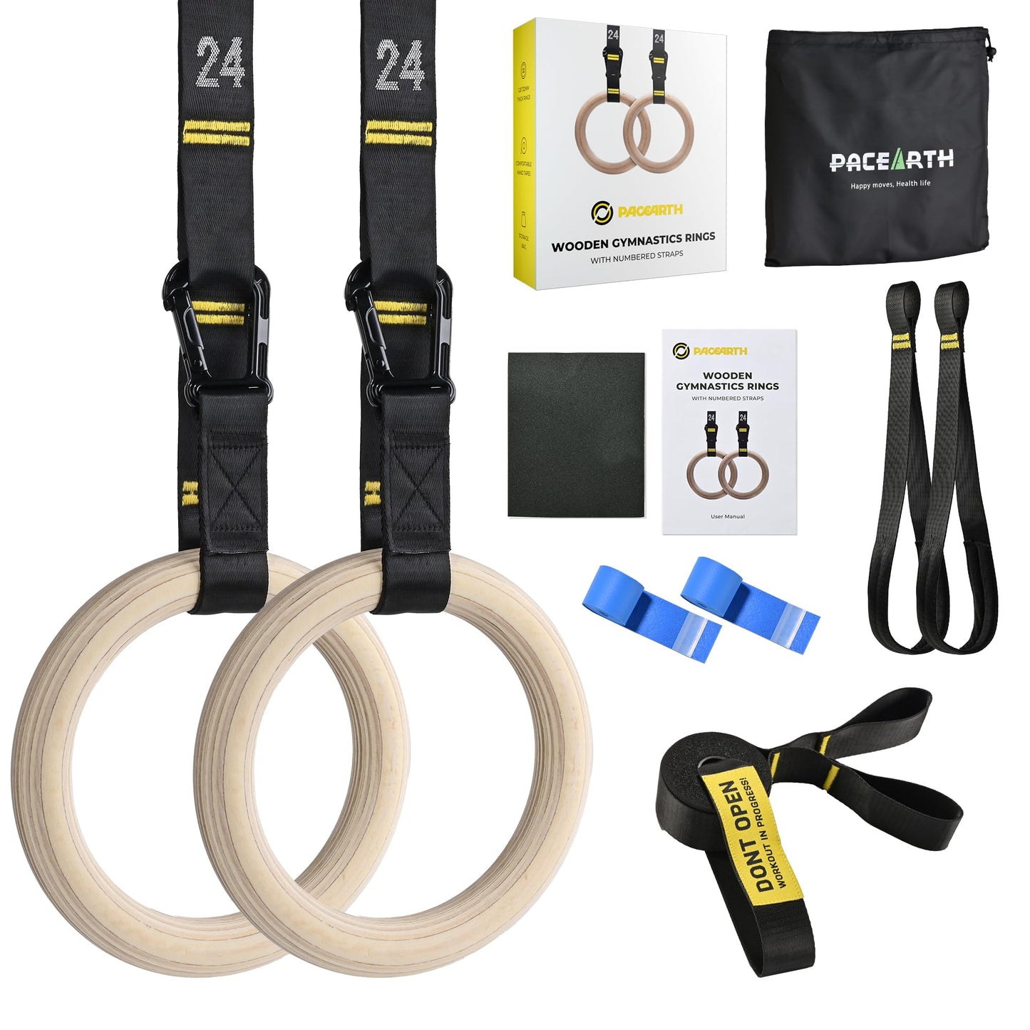 PACEARTH Gymnastics Rings Wooden Olympic Rings Support 1500lbs Locked Carabiners 9ft Double-Layer Numbered Straps Non-Slip Gym Rings with Foot Straps Door Anchor for Home Gym Full Body Workout