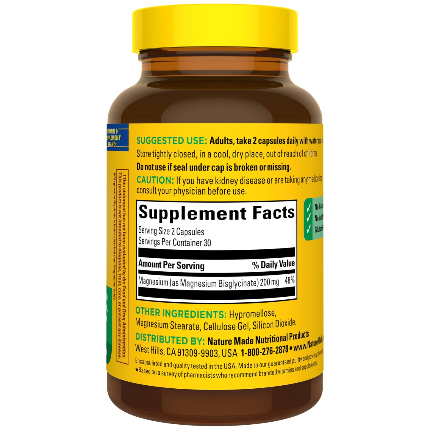 Nature Made Magnesium Glycinate 200 mg per serving, Magnesium Supplement for Muscle, Heart, Nerve and Bone Support, 180 Magnesium Bisglycinate Capsules, 90 Day Supply