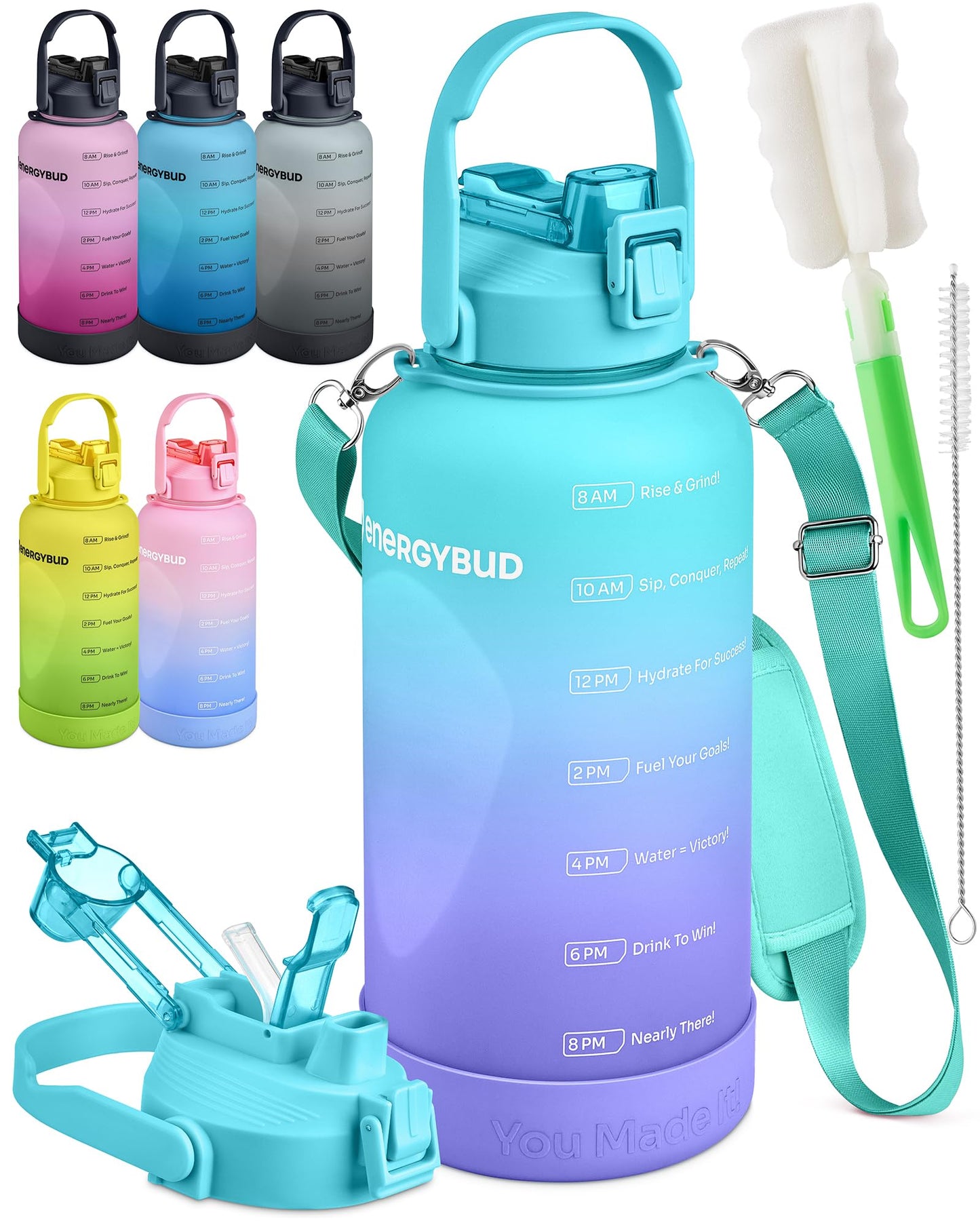 1 Gallon Water Bottle Removable Straw And Handle Dishwasher-Safe BPS & BPA & DEHP Free +2 Brushes Big/Large Bottle With Time Markers Wide Mouth Leakproof 128 oz Jug (Blue & Black)