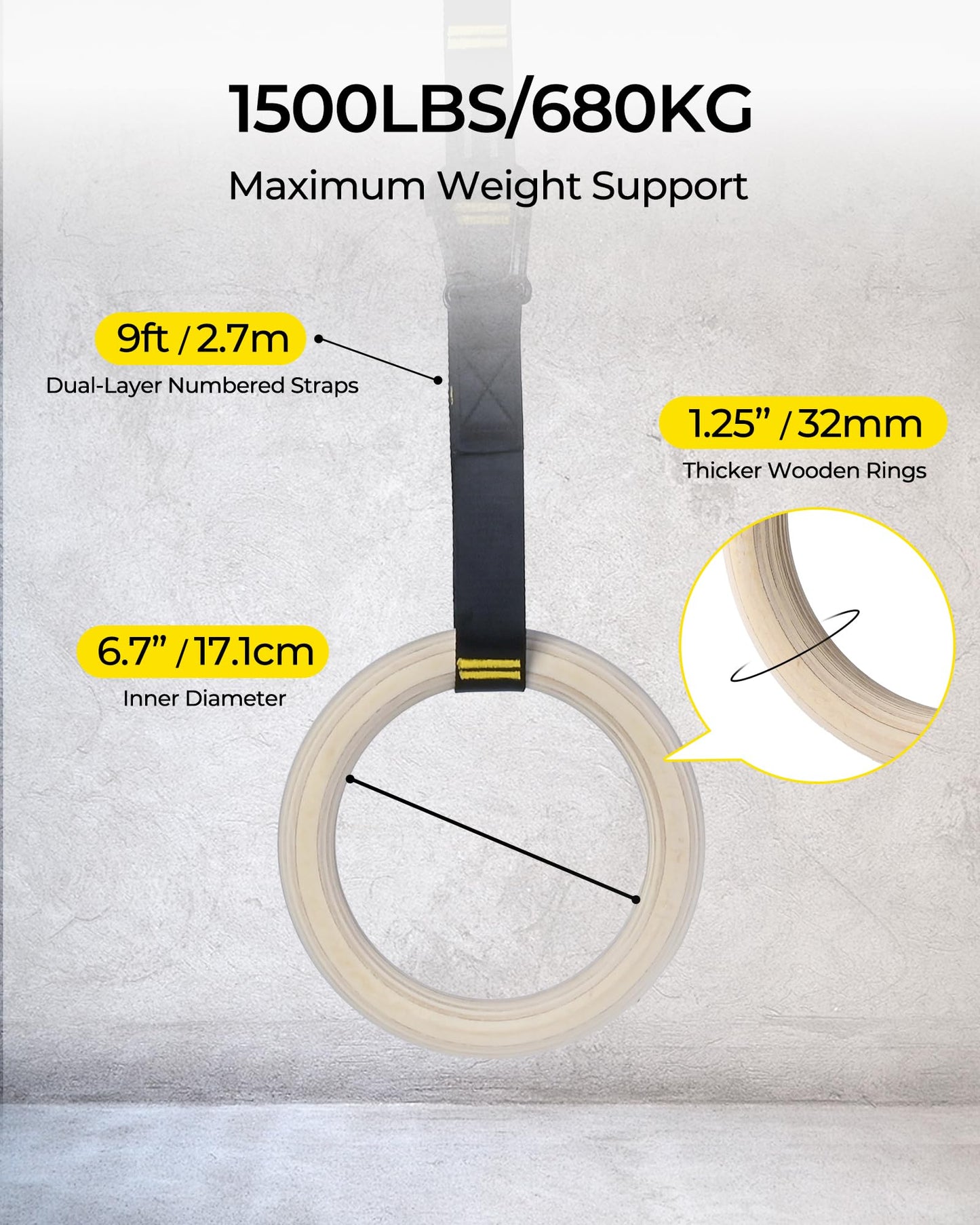 PACEARTH Gymnastics Rings Wooden Olympic Rings Support 1500lbs Locked Carabiners 9ft Double-Layer Numbered Straps Non-Slip Gym Rings with Foot Straps Door Anchor for Home Gym Full Body Workout