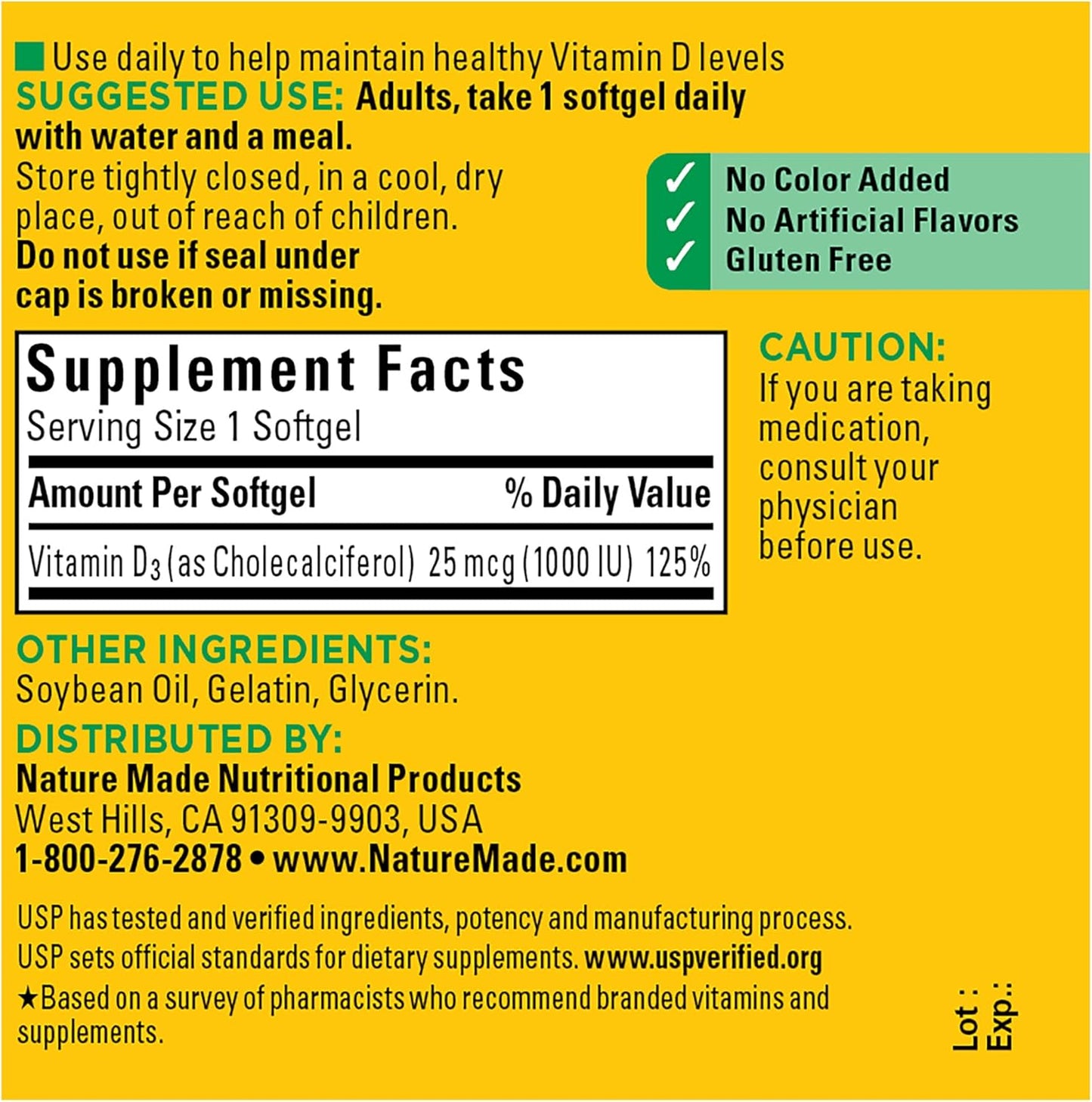 Nature Made Vitamin D3 1000 IU (25 mcg), Dietary Supplement for Bone, Teeth, Muscle and Immune Health Support, 180 Softgels, 180 Day Supply