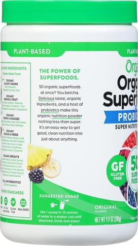 Orgain Organic Greens Powder + 50 Superfoods, Original - 1 Billion Probiotics for Digestive Health, Antioxidants, Vegan, Plant-Based, Gluten-Free, Non-GMO, Green Juice & Smoothie Drink Mix - 0.62lb