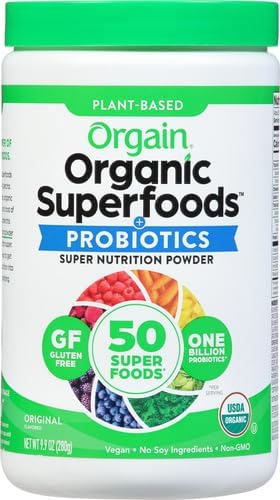 Orgain Organic Greens Powder + 50 Superfoods, Original - 1 Billion Probiotics for Digestive Health, Antioxidants, Vegan, Plant-Based, Gluten-Free, Non-GMO, Green Juice & Smoothie Drink Mix - 0.62lb