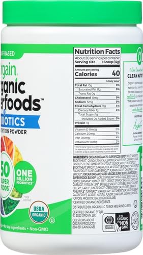 Orgain Organic Greens Powder + 50 Superfoods, Original - 1 Billion Probiotics for Digestive Health, Antioxidants, Vegan, Plant-Based, Gluten-Free, Non-GMO, Green Juice & Smoothie Drink Mix - 0.62lb