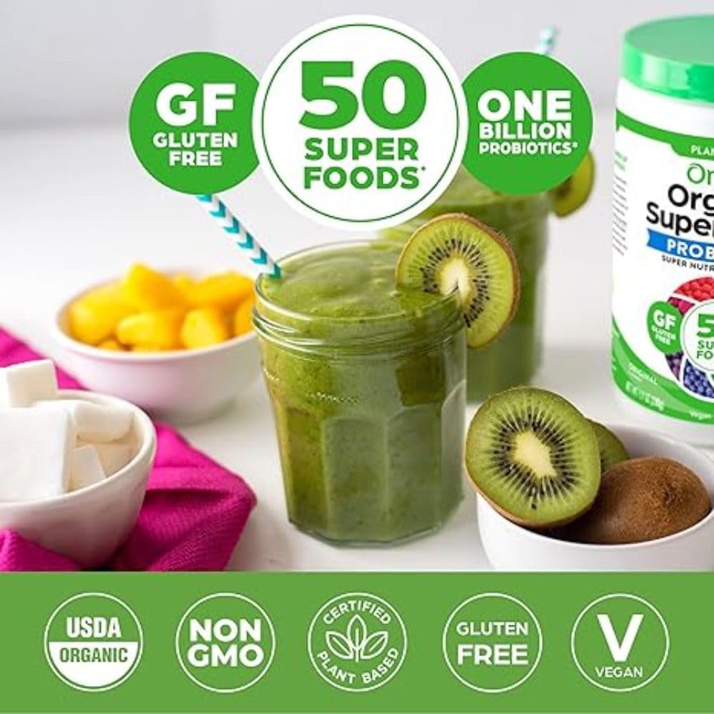 Orgain Organic Greens Powder + 50 Superfoods, Original - 1 Billion Probiotics for Digestive Health, Antioxidants, Vegan, Plant-Based, Gluten-Free, Non-GMO, Green Juice & Smoothie Drink Mix - 0.62lb