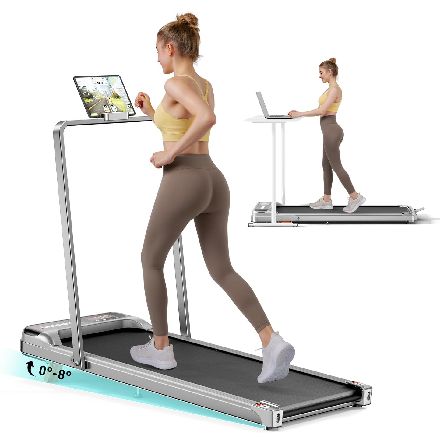 Abonow Portable Walking Pad with Handle Bar for Home & Office, 2 in 1 Under Desk Treadmill with 8% Incline, 2.5HP Small Foldable Compact Treadmills Walking Machine, LED Display, 265 LBS