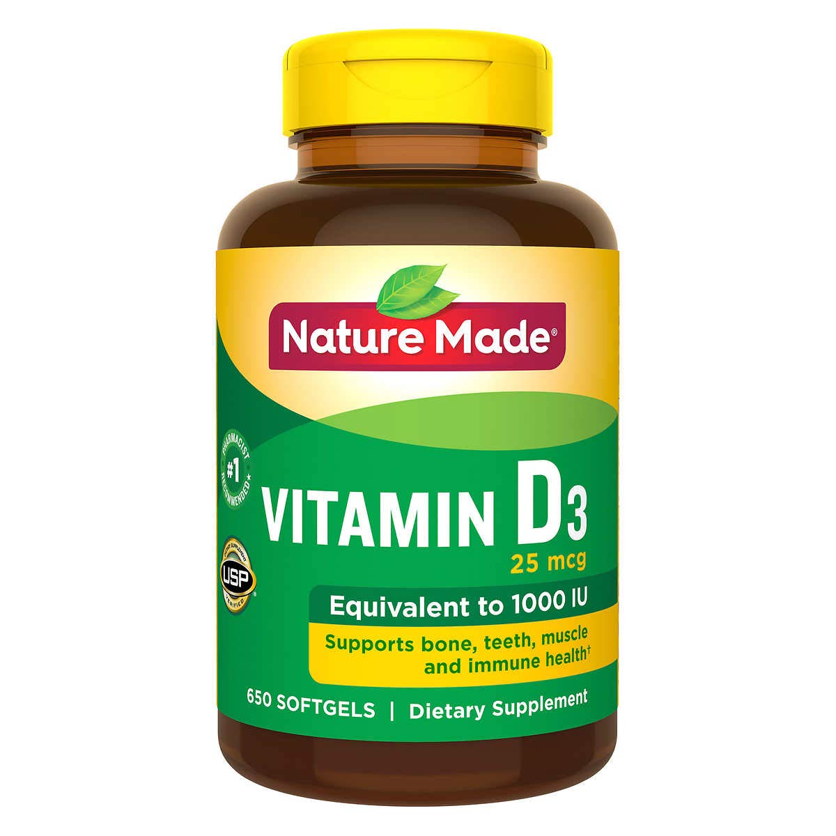 Nature Made Vitamin D3 1000 IU (25 mcg), Vitamin D Supplement for Bone, Teeth, Muscle and Immune Health Support, 100 Softgels, 100 Day Supply