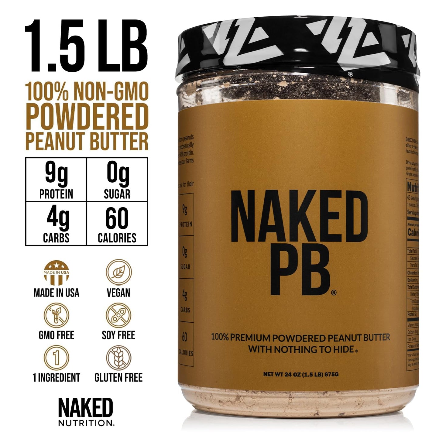 2 LB Powdered Peanut Butter from US Farms – Bulk, Only 1 Ingredient - Roasted Peanuts, Vegan, No Additives, Preservative Free, No Salt, No Sugar - 76 Servings - NAKED PB