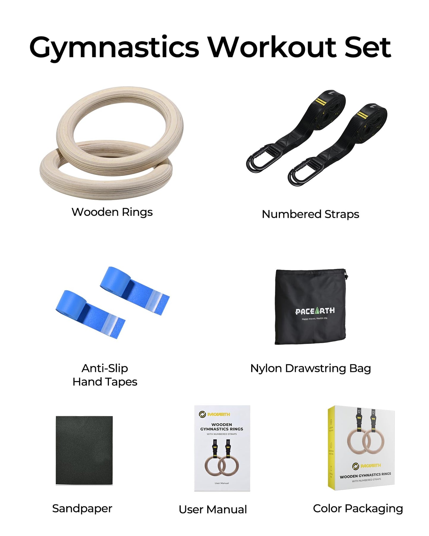 PACEARTH Gymnastics Rings 32mm Wooden Olympic Rings Support 1500lbs Locked Carabiners 9ft Double-Layer Numbered Straps Non-Slip Gym Rings with Foot Straps Door Anchor for Home Gym Full Body Workout