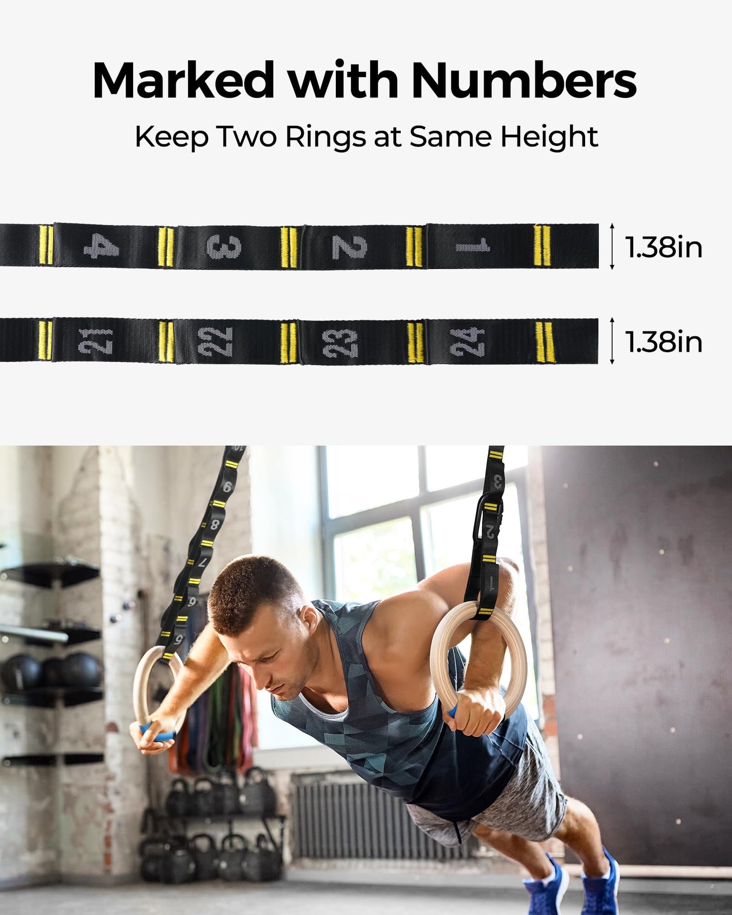 PACEARTH Gymnastics Rings 32mm Wooden Olympic Rings Support 1500lbs Locked Carabiners 9ft Double-Layer Numbered Straps Non-Slip Gym Rings with Foot Straps Door Anchor for Home Gym Full Body Workout
