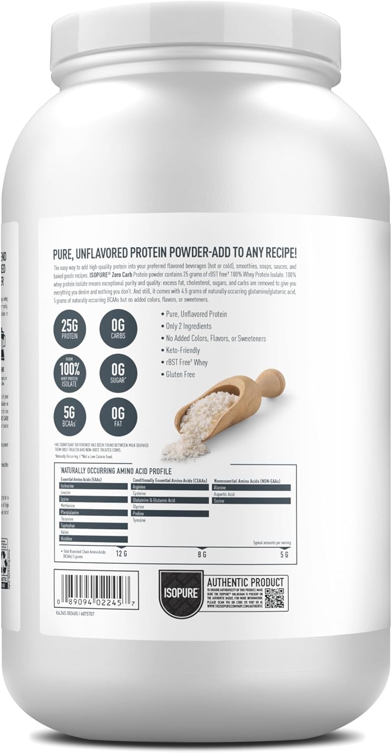 Isopure Zero Carb 100% Pure Whey Isolate Protein Powder, Gluten Free, with Vitamins, Unflavored, 25g Protein Per Serving, 1 Lb, 16 Servings (Packaging May Vary)