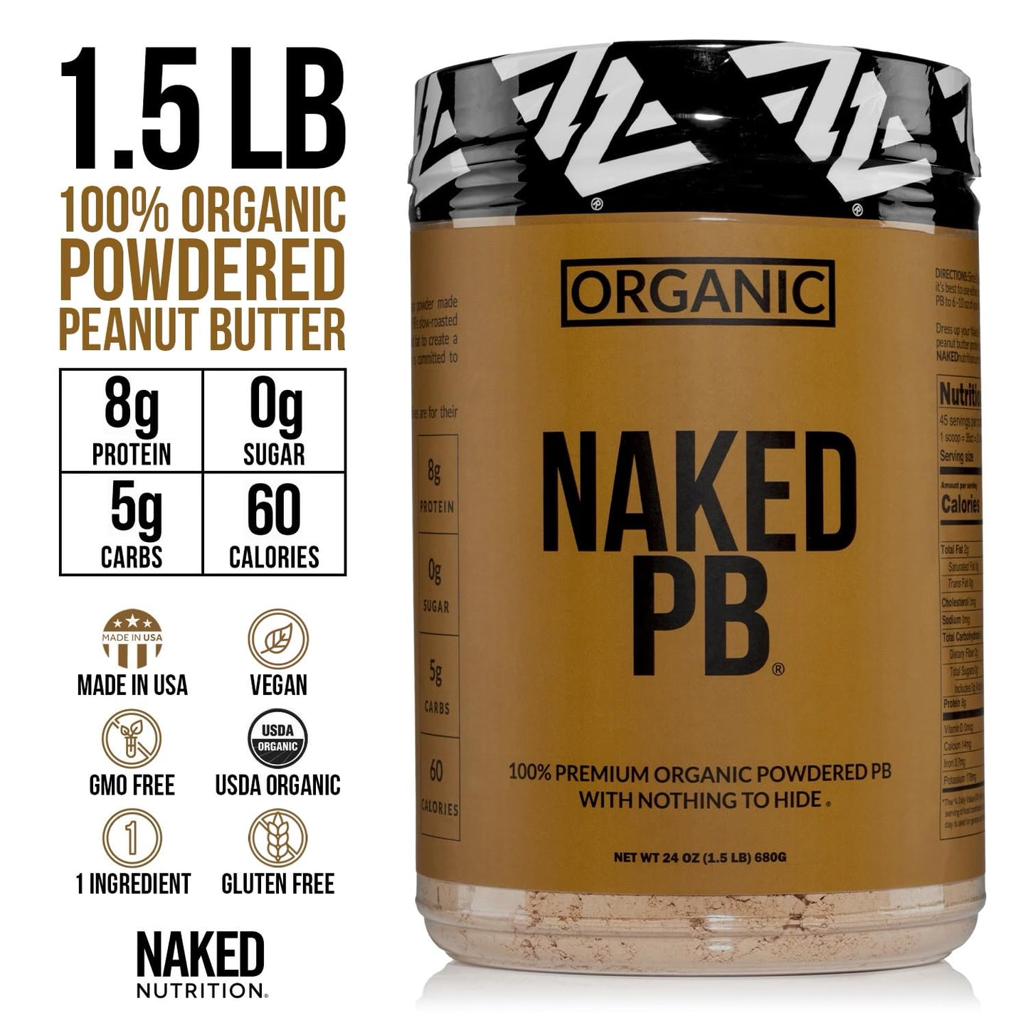 Naked 1.5 LB Powdered Peanut Butter from US Farms – Bulk, Only 1 Ingredient - Roasted Peanuts, Vegan, No Additives, Preservative Free, No Salt, No Sugar - 45 Servings - NAKED PB
