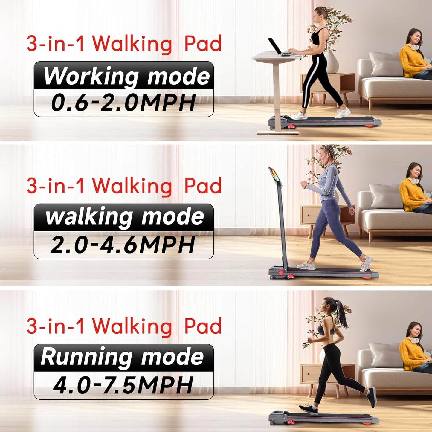Walking Pad Treadmill with Incline and Handle Bar, 7.5MPH Under Desk Treadmill for Home Office, 360 Lbs Capacity Portable Treadmills with Remote Control, Led Display